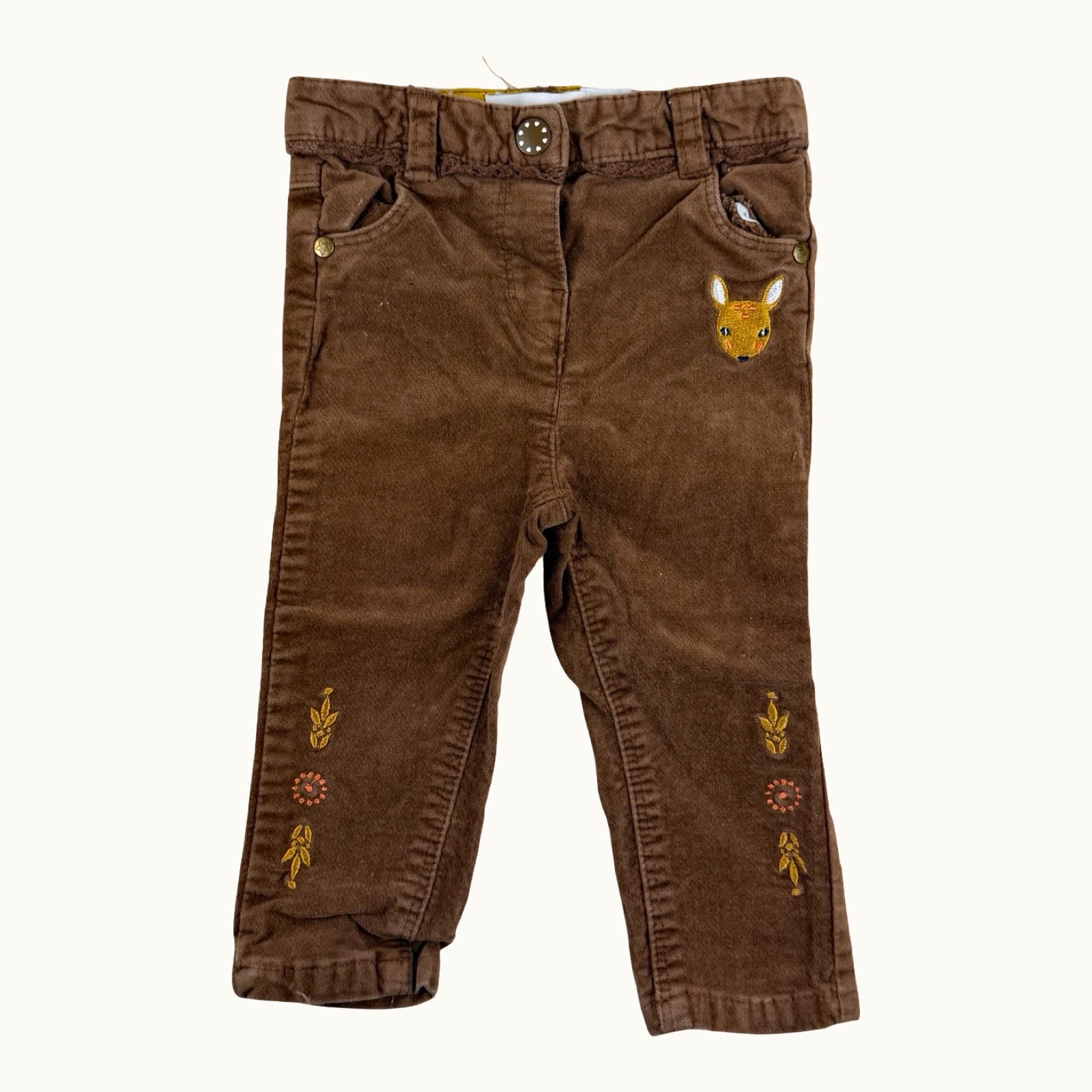 Pantalon velours brodé biche et fleurs - 6 mois